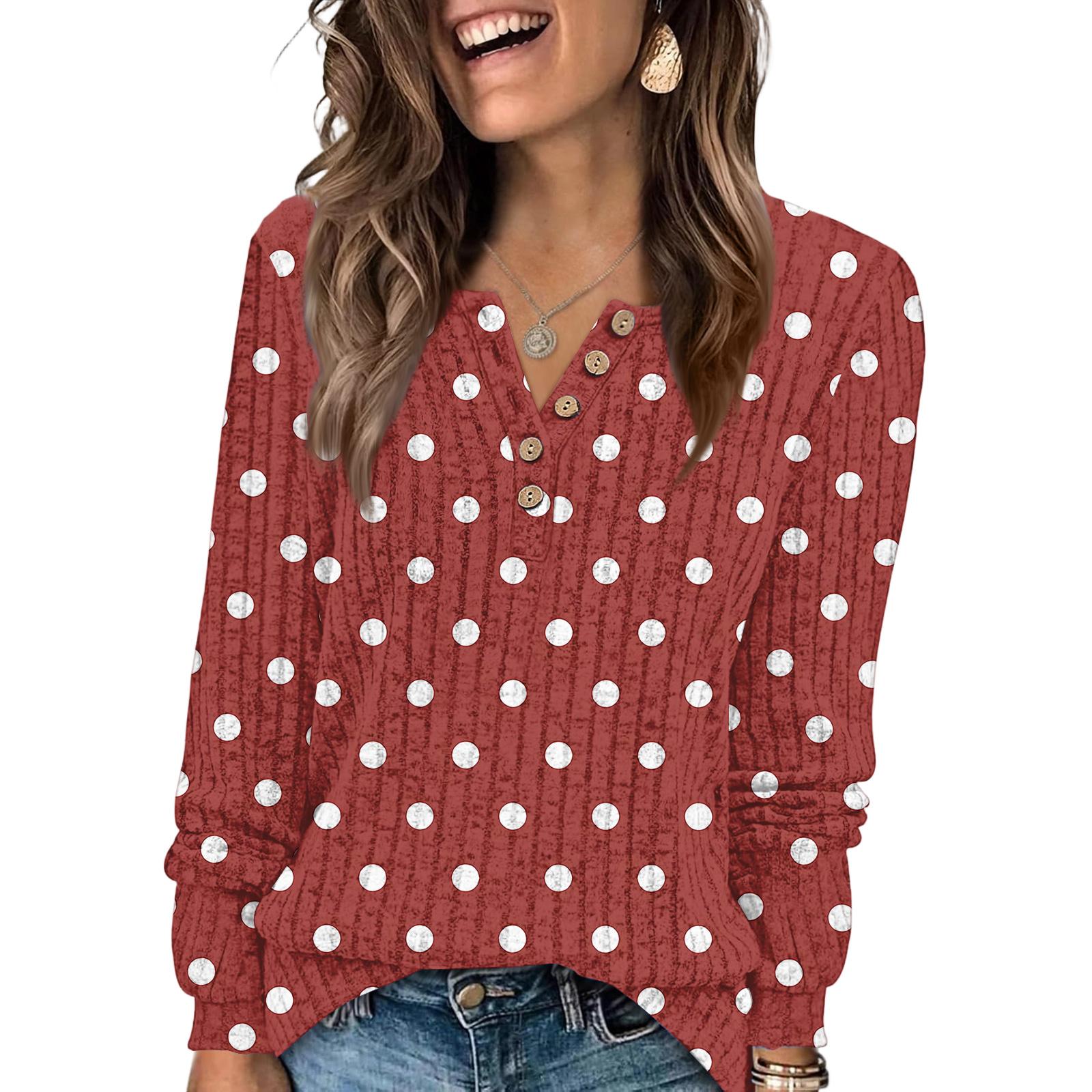 

Women s Fashion V-Neck Button-Up T-Shirt With Polka Dot Print Long-Sleeved Top S красный