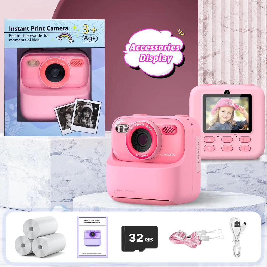 Kids Camera Instant 1080P HD Dual Lens Selfie Digital Camera for Girls Boys Christmas Birthday Gifts Toys With 32G Print
