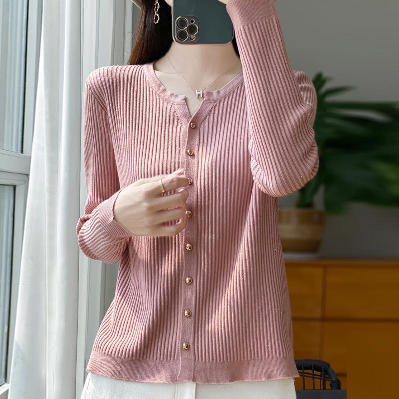 

2024 Velvet V-neck Knit Cardigan with Sequin Ribbed Design for Women Large