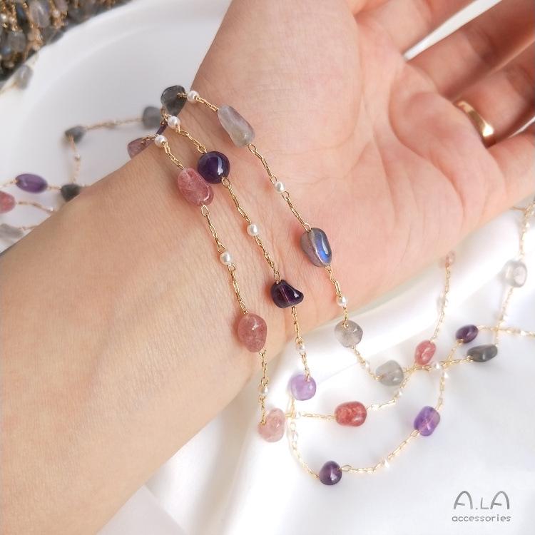 14K Gold-filled Color-preserving Handmade Korean Chain with Strawberry Quartz, Labradorite, and Amethyst Rectangular Beads for DIY Bracelets