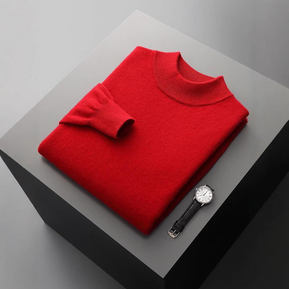 Men's Pure Wool Semi-High Neck Sweater - Autumn/Winter Collection: Slim Fit, Solid Color Pullover