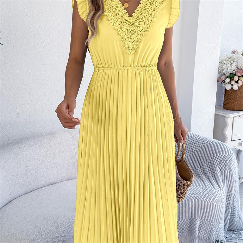 2026 Spring/Summer Women's Lace V-neck Black Ear Edge Waist Pleated Dress S-XL