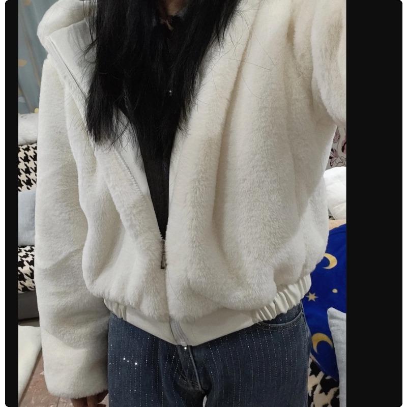 Chaqueta de Invierno Cálida para Mujer, Corta, de Algodón Acolchado, con Capucha de Pelo Sintético de Conejo, Suave