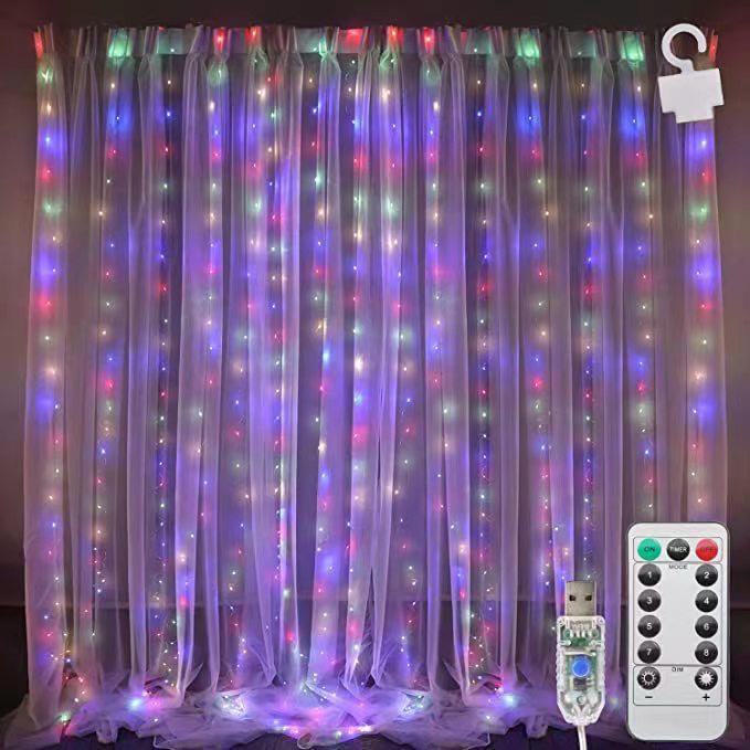 300 LED Copper Wire Curtain Lights, 3x3m, USB, with Eight-Function Remote for Outdoor Waterproof Christmas Decoration