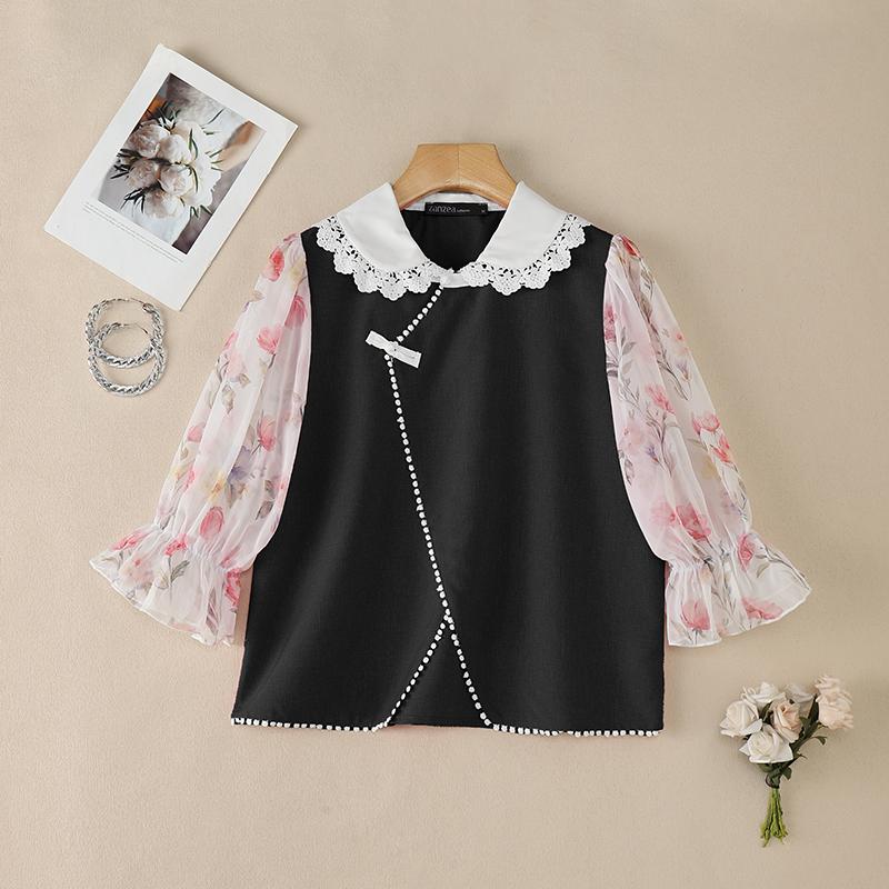 ZANZEA Women Lace Splice Doll Collar Casual Floral Print Half Sleeve Blouse