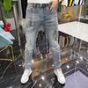 Men's European Stretch Skinny Jeans with Diamond Print - Casual Slim-Fit Trousers for Spring and Summer.