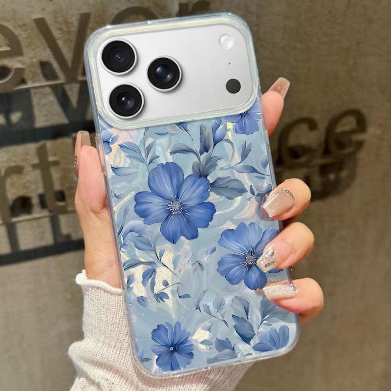 Blue Flowers Pattern Laser Phone Case For iPhone Air 17 16 15 14 13 15 Pro Max 16 15 Plus 13 17 Pro  Shockproof Hard Cover Funda