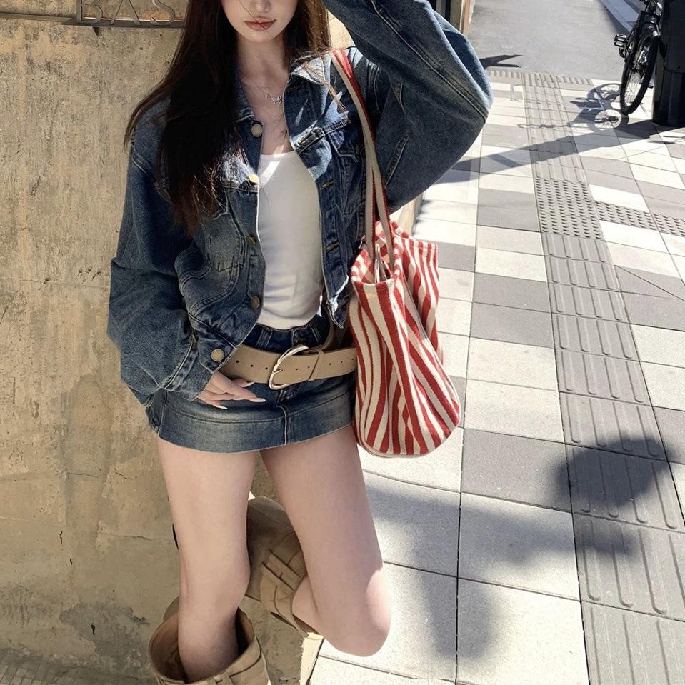 Women s Washed Distressed Blue Denim Jacket and Skirt Set - Hong Kong Style Retro Spring Outfit. S