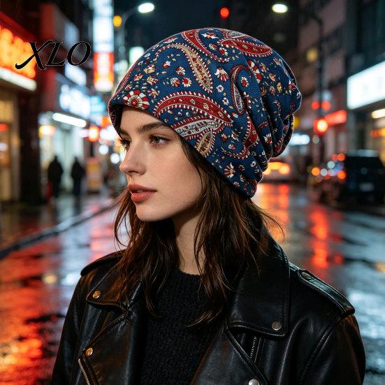Stylish Autumn Winter Neck Warmer Women's Geometry Print Slouchy Hat, Casual Soft Stretch Skull Colorful Geometric Pattern Hat Cap, Warm Cancer Chemo