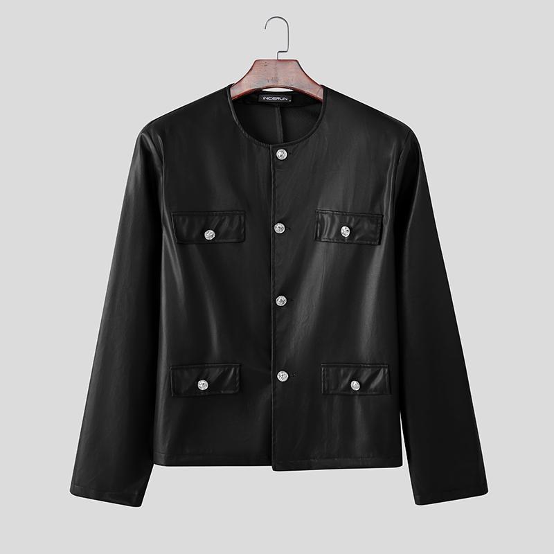 

INCERUN Autumn Men Collarless Long Sleeve Buttons Leather PU Casual Loose Coats Jackets 2XL чёрный
