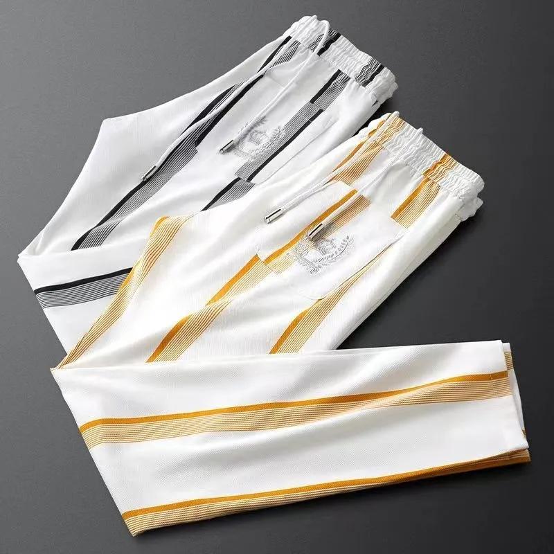 Elastic High Waist Pocket Striped Contrasting Color Men's Fashion Embroidered Casual Straight Casual Trousers