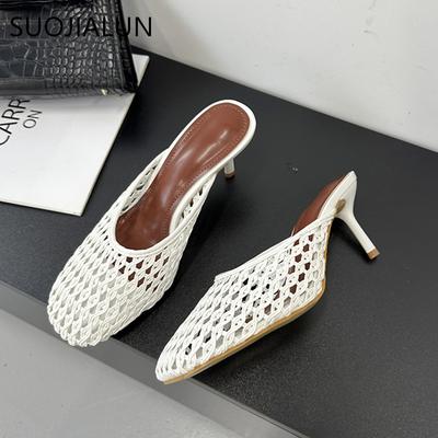 Mode SUOJIALUN 2025 Neue Marke Damen Slipper Damen Elegant Runde Zehe Slip On Pantoletten Schuhe Mode Webart Dünner Hoher Outdoor Kleidsandal