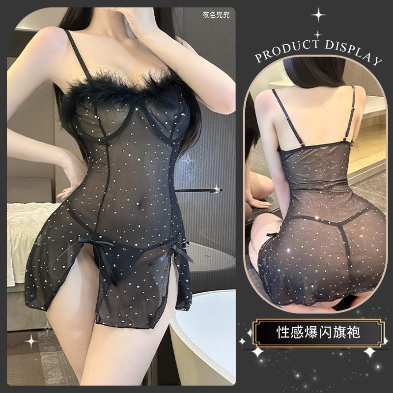New sex underwear, sexy rough edge flash diamond split skirt, perspective suspender skirt, pure desire temptation nightdress
