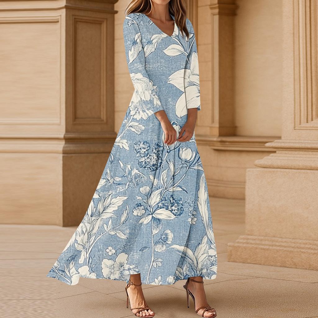 Women's Casual 3/4 Sleeve V-Neck Floral Print Maxi A-Line Beach Dress