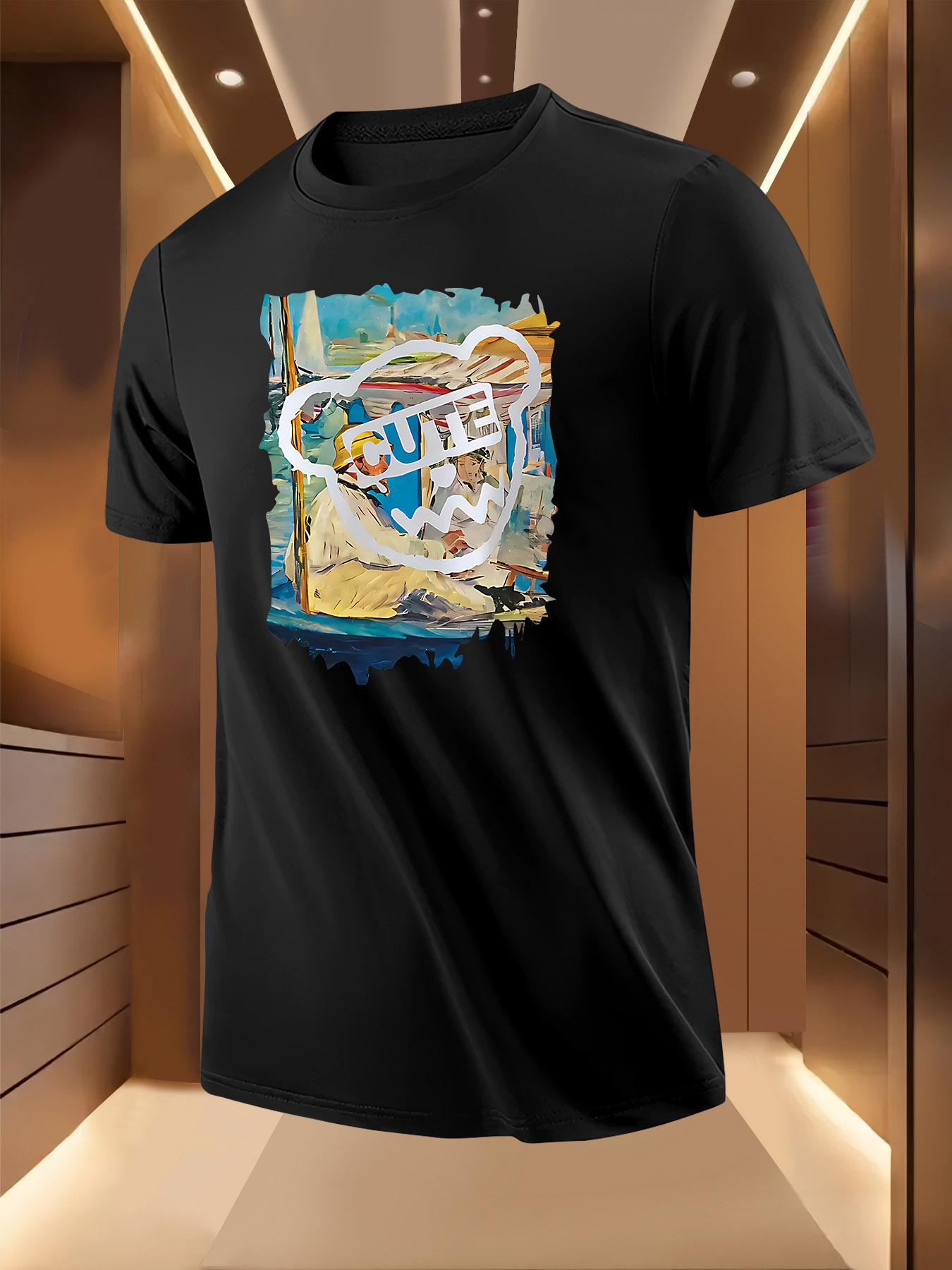 Cute Bear Art Print Tshirt - Casual Short Sleeve Crew Neck L