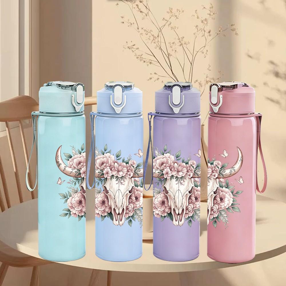 1PC Cow Skull Rose Western Floral Print 750ml Color Plastic Sports Water Bottle Leakproof Flip Straw Lid Suitable for Sports Office Home Use