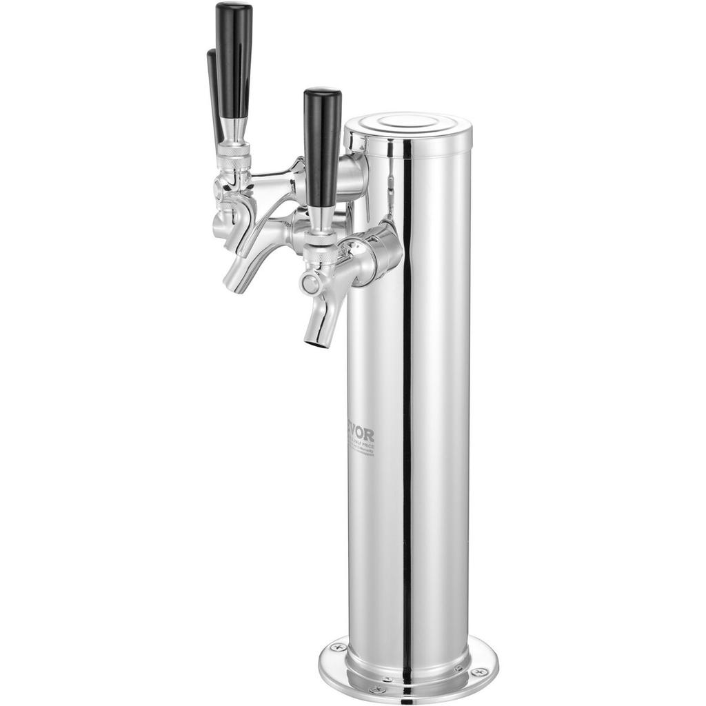 Triple Taps Draft Beer Tower Dispenser, Stainless Steel Keg Beer Tower, Kegerator Tower Kit with Pre-Assembled Tubing and Self-Closing Faucet Shanks