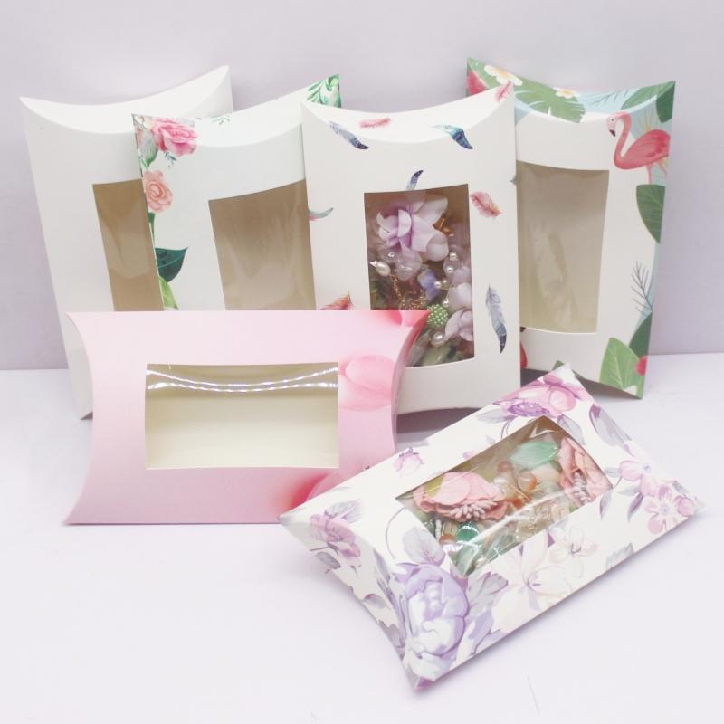 New 17.5x11x3.7 Cm Big Diy Handmade Pillow Box with Window Marbling Print Gift Package Box White Flower Style Jewerly Box