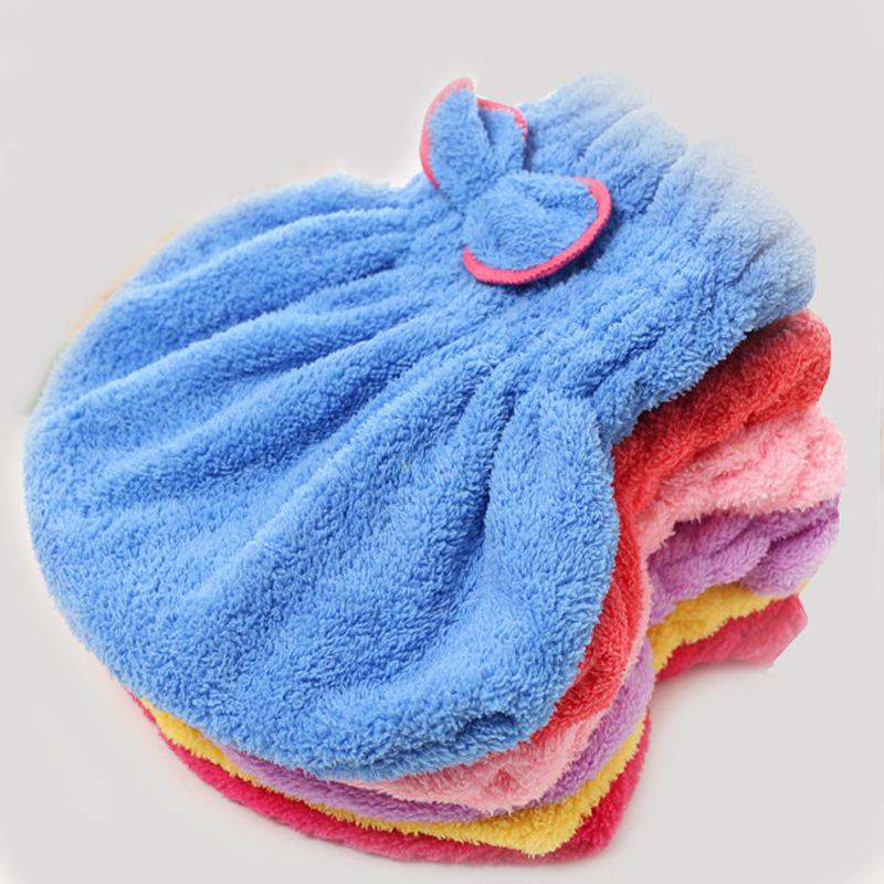 Coral Fleece Absorbent Quick-Dry Hair Towel Cap with Bow