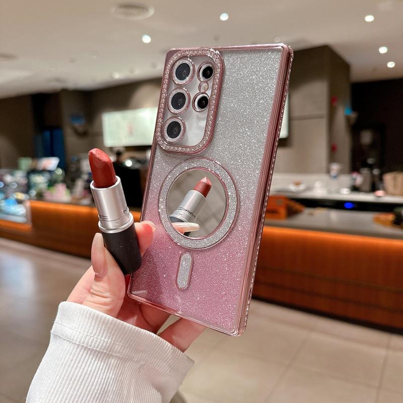 Applicable to Samsung S24Ultra mobile phone case electroplated rhinestone glitter magnetic makeup mirror S23 + side drill anti-drop cover