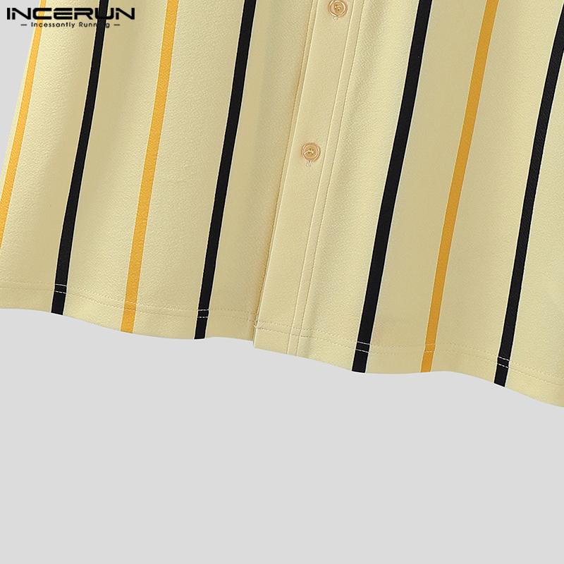INCERUN Oversized Men Short Sleeve Striped Print Buttons Casual Loose Shirts Tops