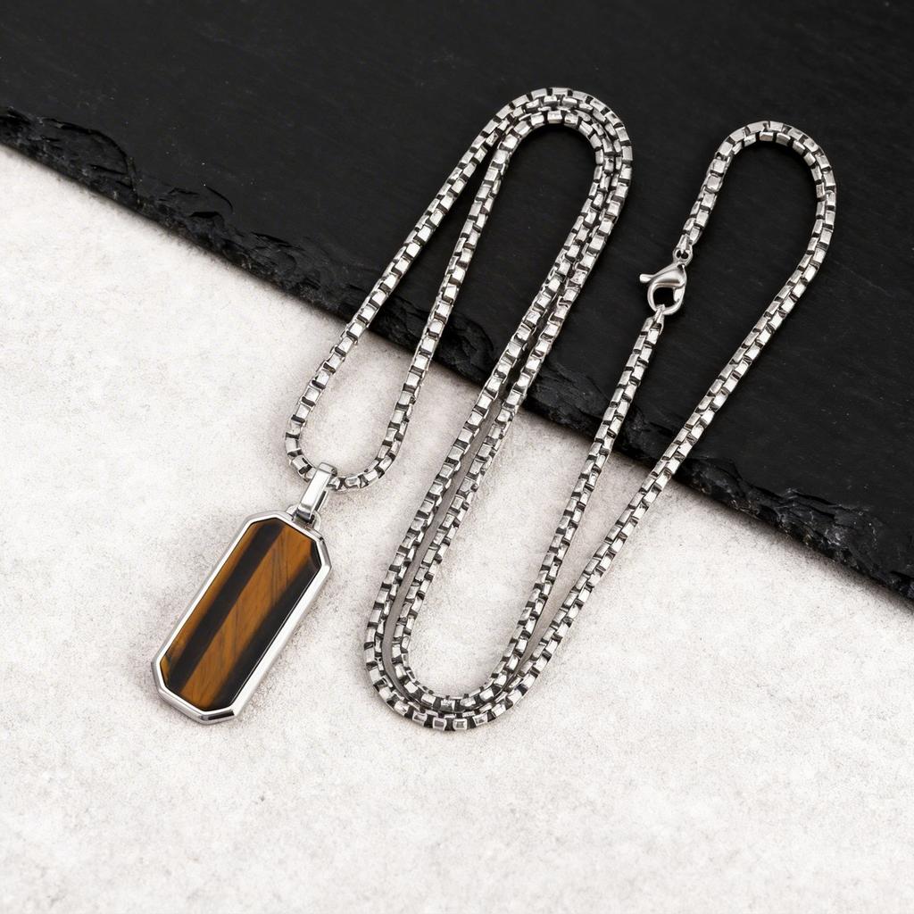 Vnox Natural Tiger Eye Stone Pendant Necklace for Men Boys, Stainless Steel Box Chain Geometric Punk Necklaces Jewelry Gifts NEW