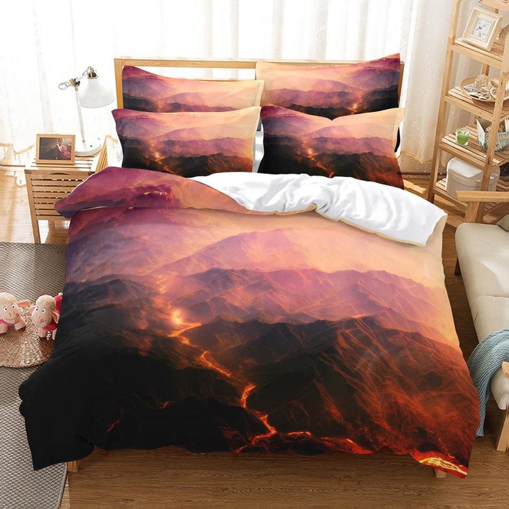 Volcano King Queen Duvet Cover Volcanic Eruption Bedding Set Fire Mountain Comforter Cover Natural Scenery Polyester Quilt Cover