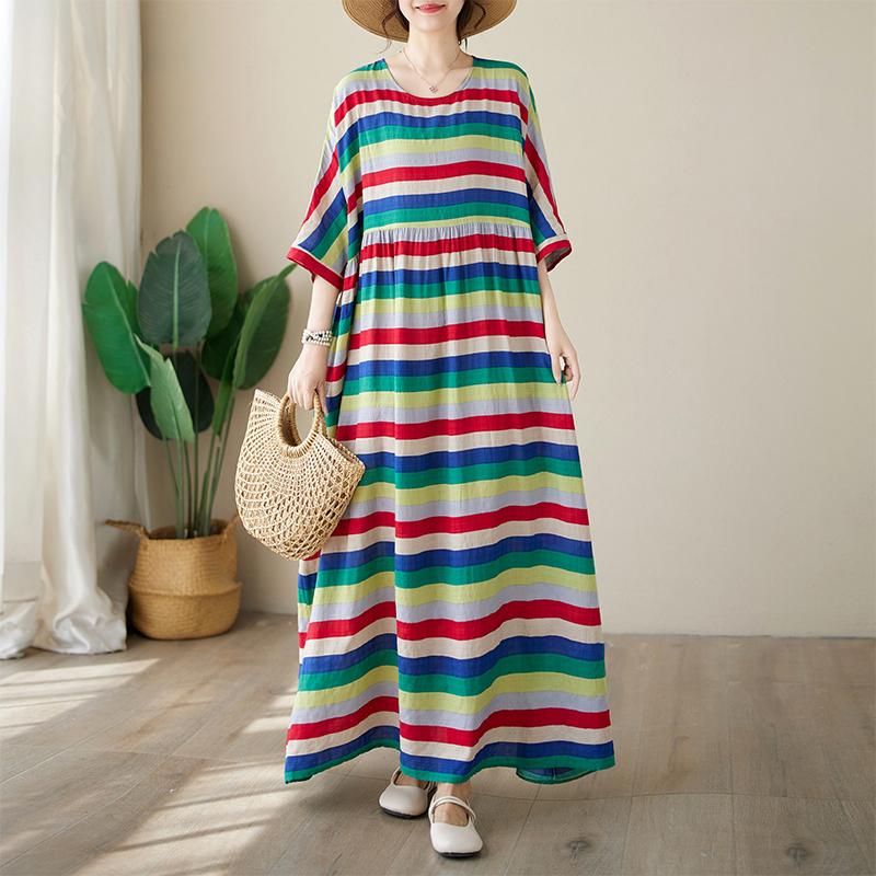 

Dimanaf Женщины больших размеров, новинка 2024 года, хлопковое летнее длинное базовое платье большого размера в полоску, повседневное богемное платье с короткими рукавами One Size