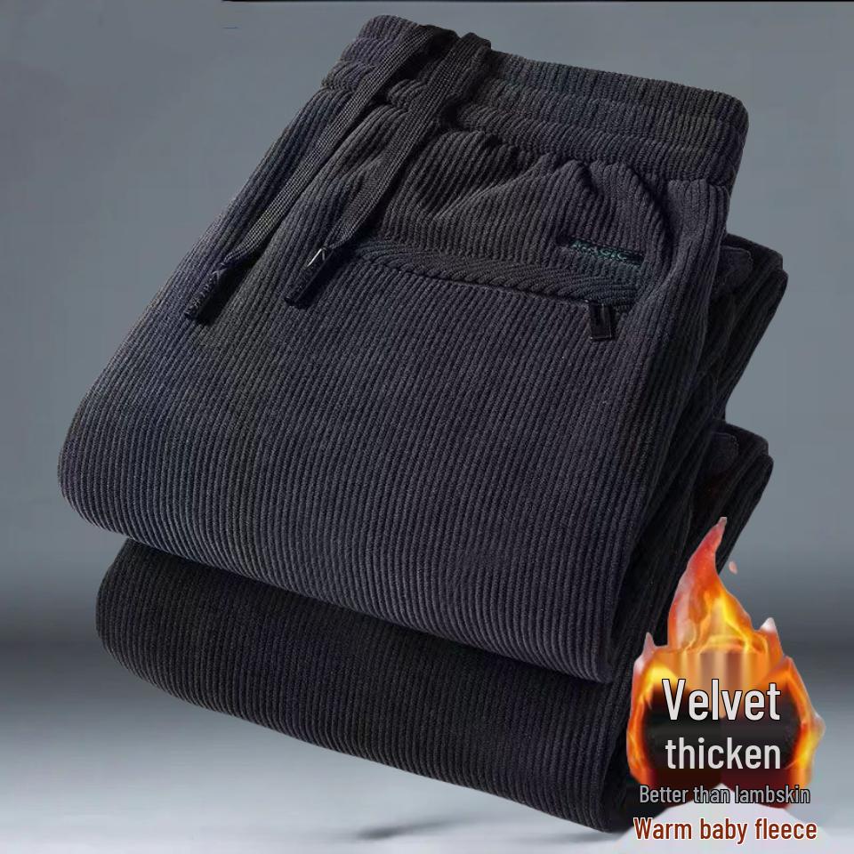 Men's Large Corduroy Warm Winter Casual Straight-Leg Pants with Velvet Lining