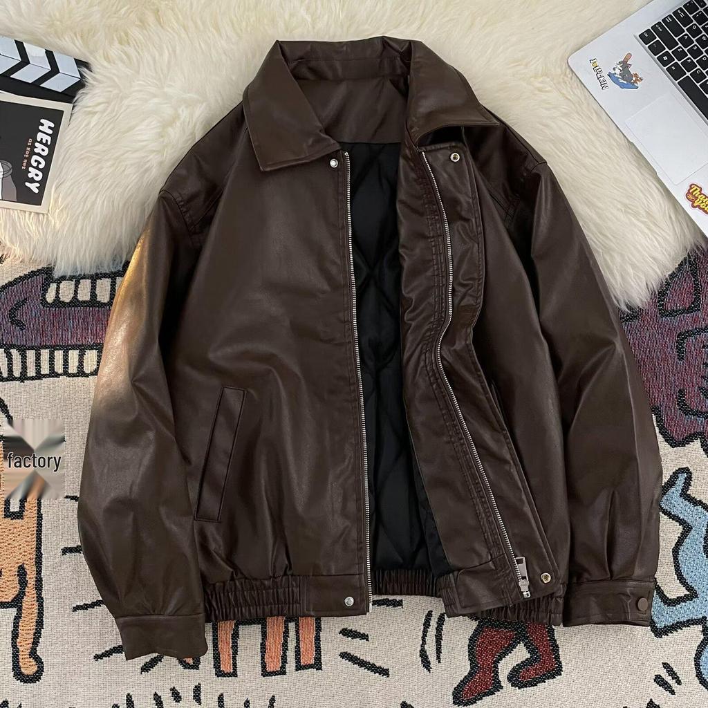Unisex Retro PU Leather Motorcycle Jacket: Padded, Thick, Versatile & Stylish with Lapels