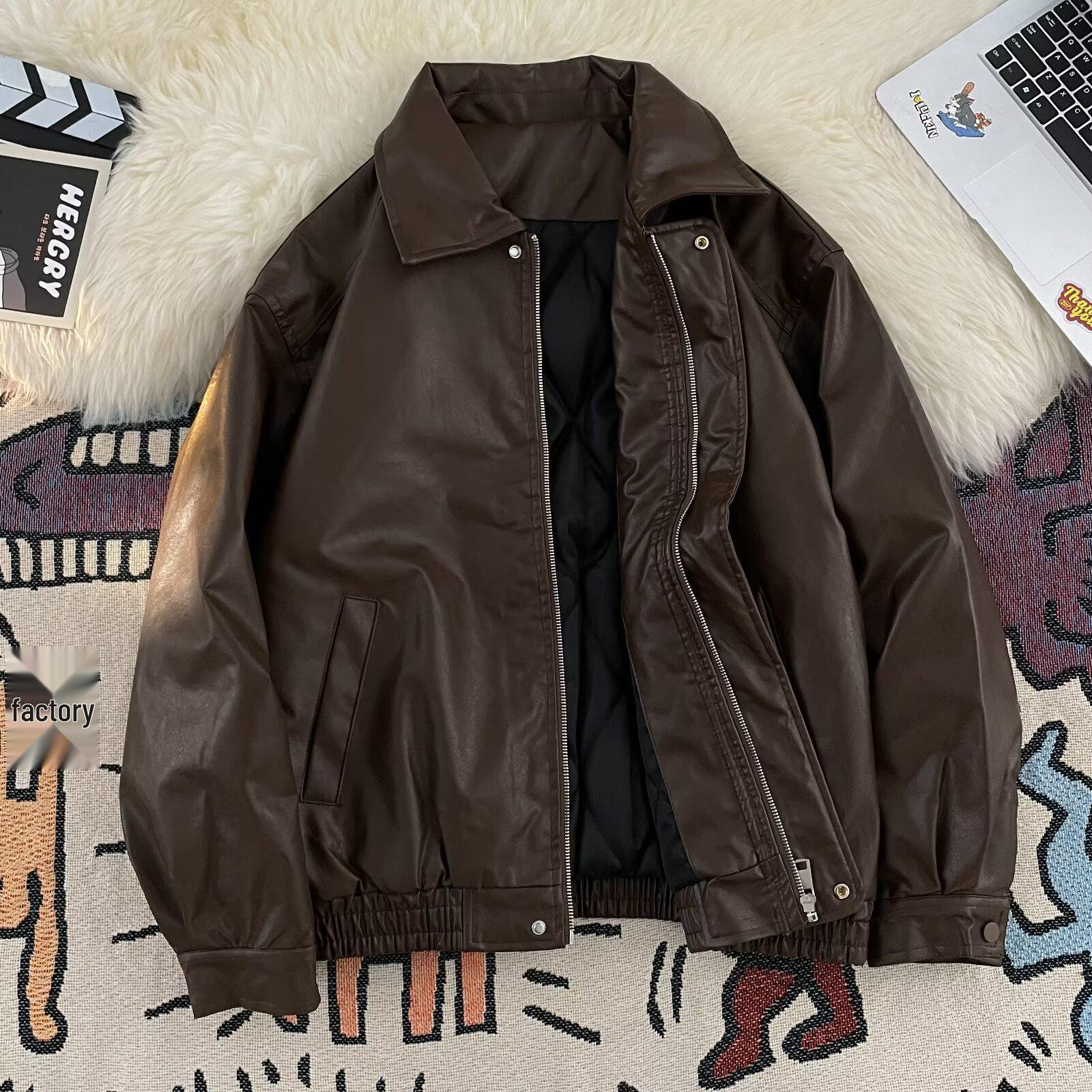

Unisex American Brown PU Leather Motorcycle Jacket: Quilted, Thickened, Versatile, Rebellious, Handsome, High-End Lapel Design. Large коричневий