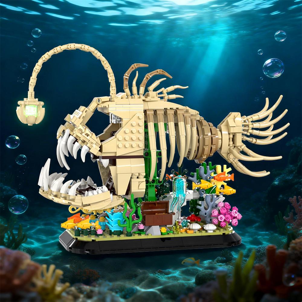 MOC Fossil Monkfish Building Blocks Model Light Emitting Fossil Lantern Fish Bricks Assemble Educational Toys Kids Birthday Gift