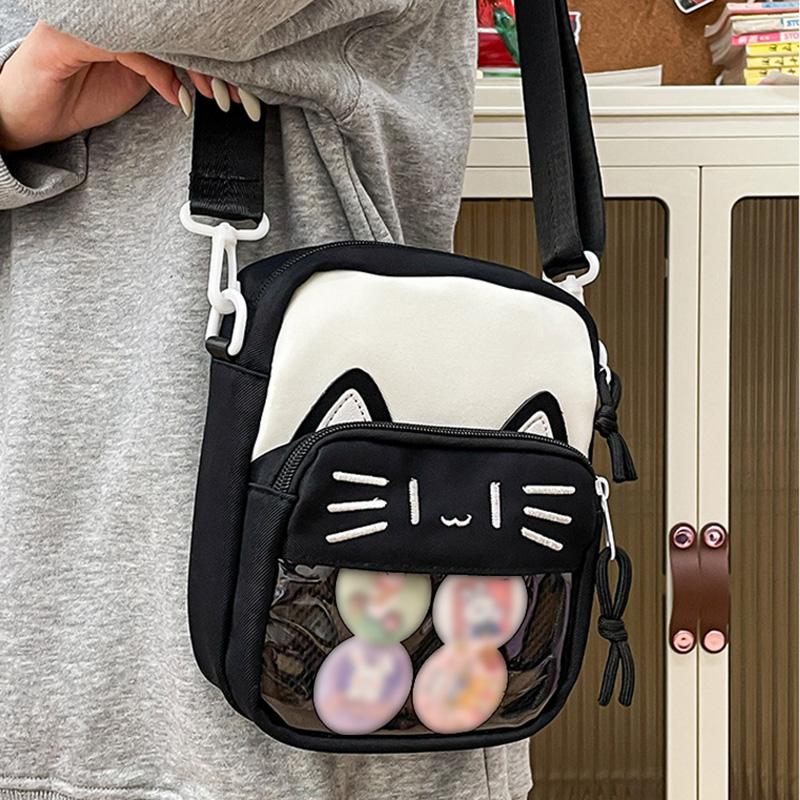Roztomilá vyšívaná crossbody kabelka pro kočky ve stylu Harajuku Trendy průhledná taška Badge Taška na telefon