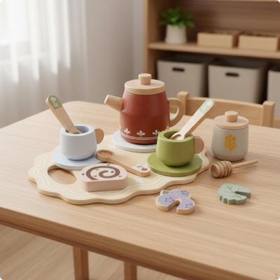 Wooden Tea Set Simulation Design Afternoon Playset WaterBased Paint Children's Toy for