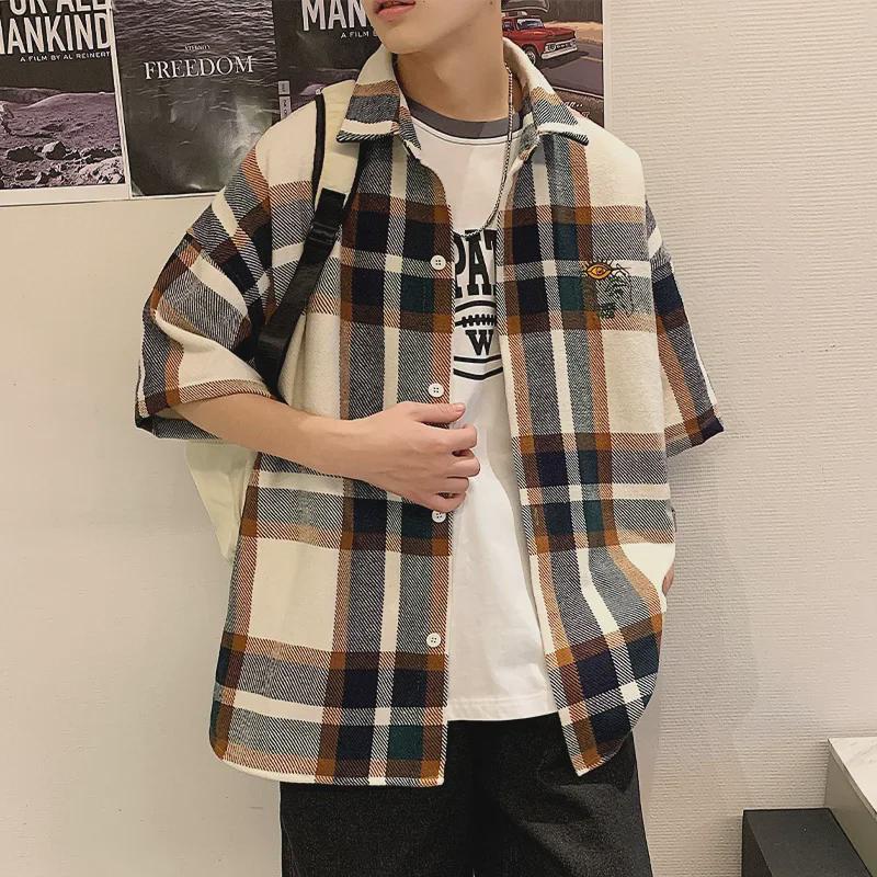 2024 Spring/Summer Plaid Short-Sleeve Loose Shirt for Male Students