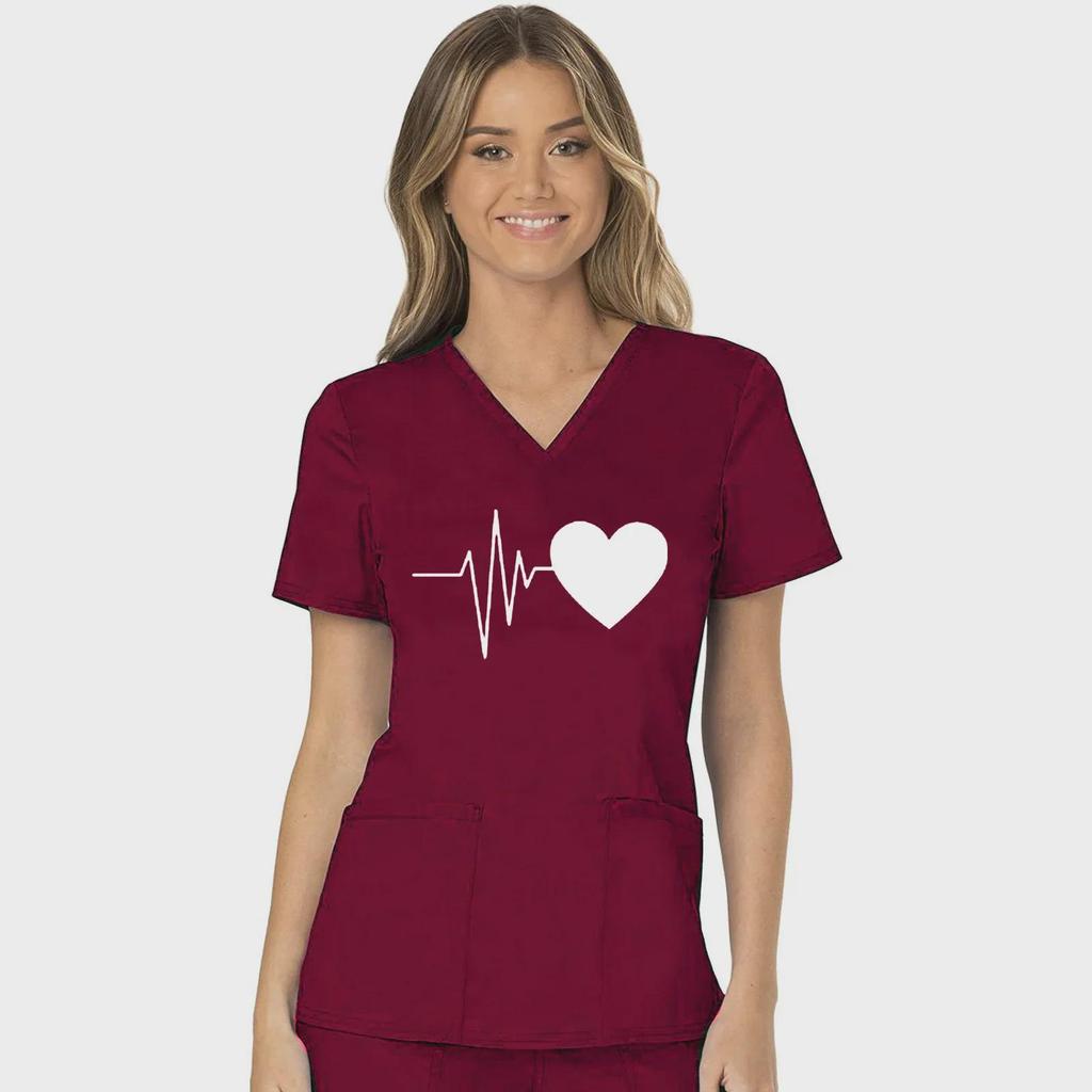 European & American Heartbeat Love Print Nurse Uniform, V-Neck, Double Pocket, Short-Sleeve T-Shirt, Large Size