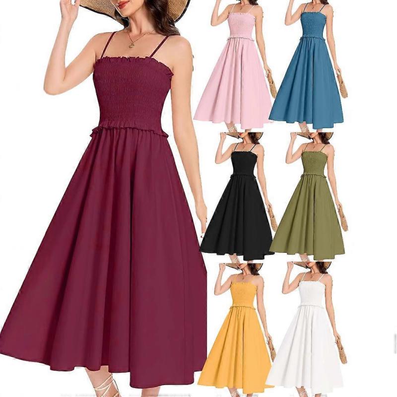 Summer Women's French First Love Style Slimming High Waist A-Line Dress Elegant Solid Color