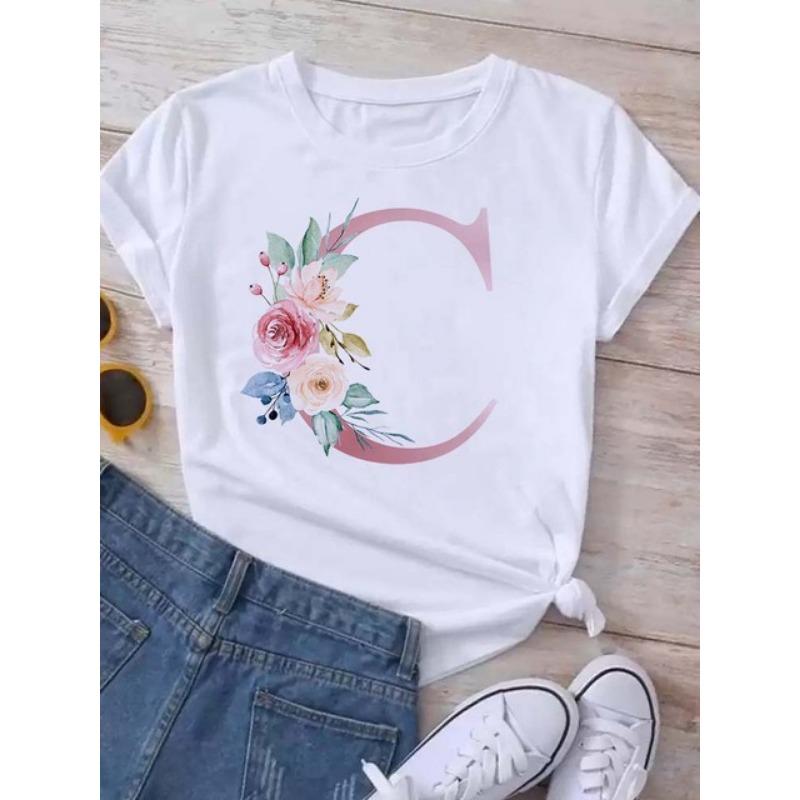 Letter combination fashion women's T-shirt pink flower letter font A-Z short sleeved top black T-shirt women