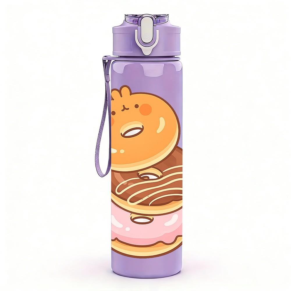 1PC Donut Cartoon Pattern 750ml Color Plastic Sports Water Bottle Leakproof Flip Straw Lid Suitable for Sports Office Home Use