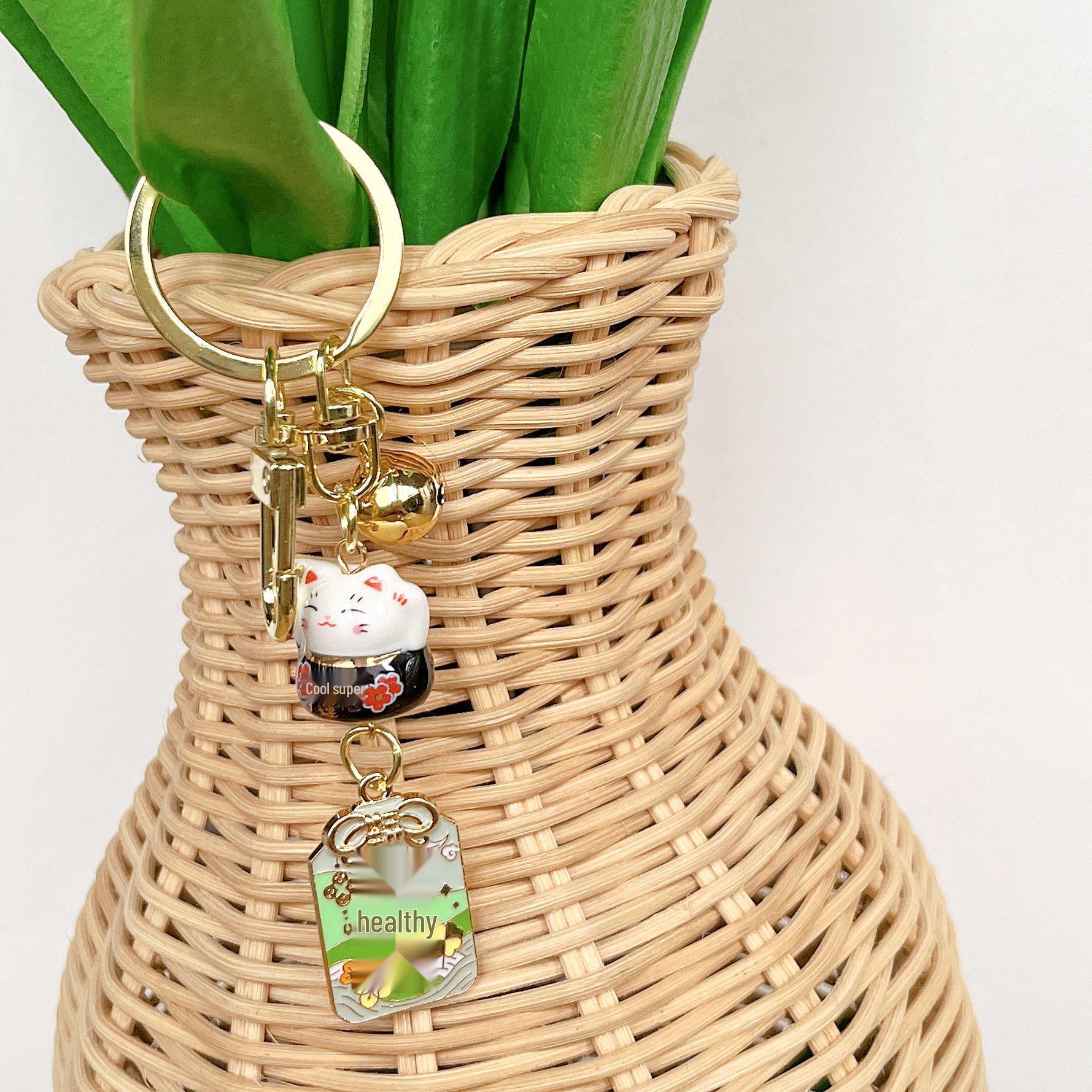 Golden Luck Ceramic Lucky Cat Bell Keychain - Japanese Blessing Charm Gift