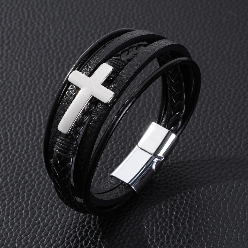 Temu Leather Cross-Style Multi-Layer Woven Bracelet with Alloy Laser Design