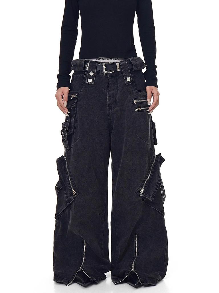Jeans in Denim Punk Gamba Larga Y2K: Abbigliamento da lavoro resistente, multitasche per uomo e donna