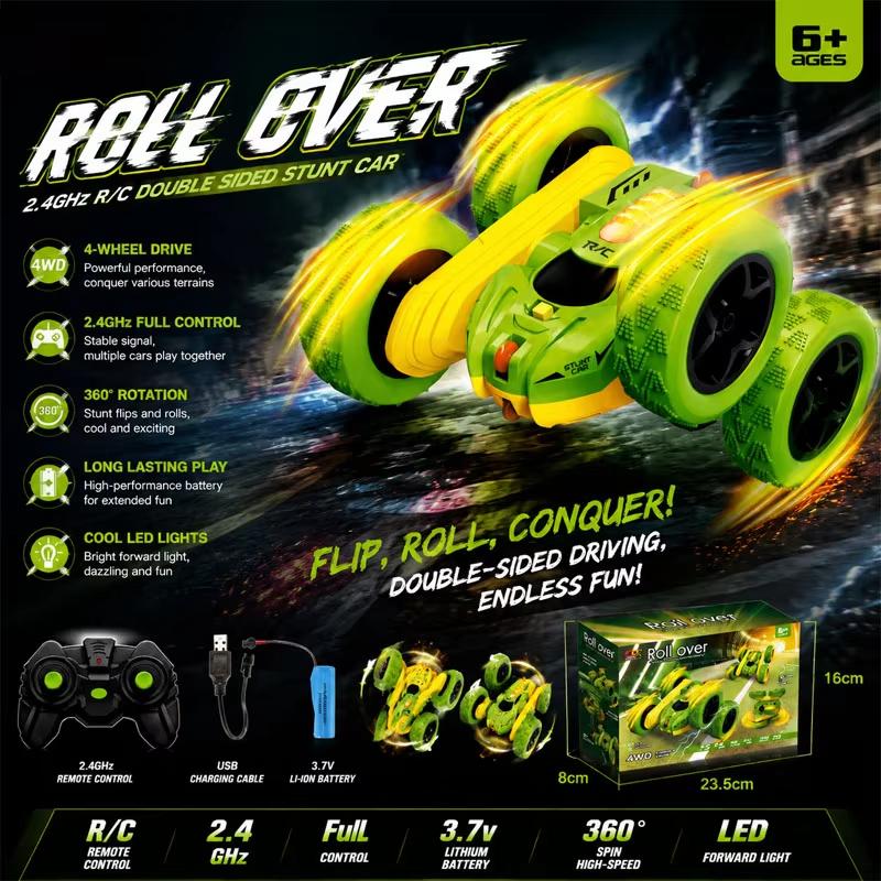 New Multifunctional Mini Remote Control Car with Lights Type-C Fast Charging 2.4GHz Double Sided Flips RC Cars 360° Rotates RC Stunt Car Toys for Kids