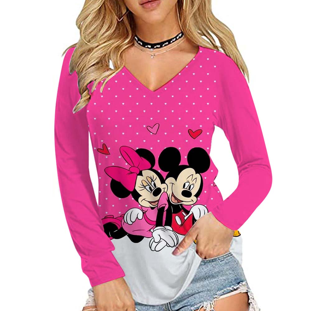 Disney Mickey Mouse Printed Women's Basic Long Sleeve Loose V-neck T-shirt Autumn/Winter 10 Color T-shirt Street Wear