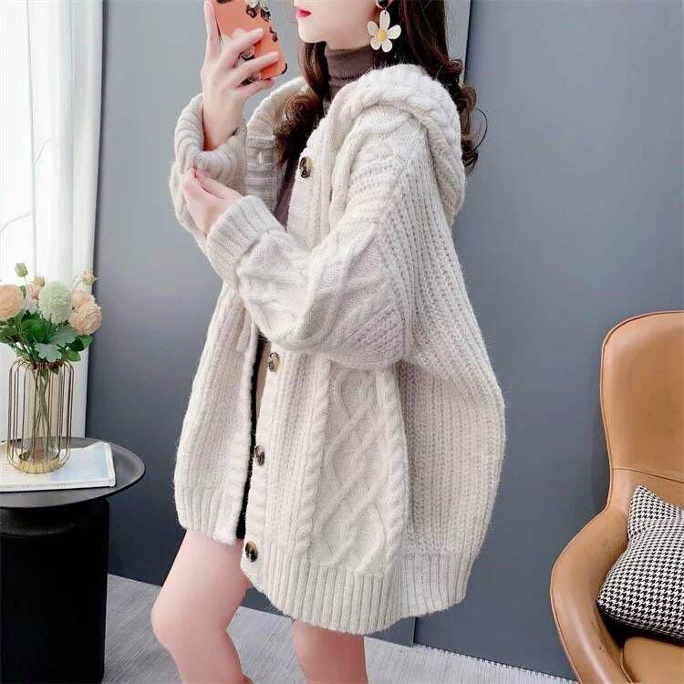 Hooded Sweater Cardigan Female Autumn and Winter Retro Solid Color Elastic Warm Loose Medium-length Knitted Jacket