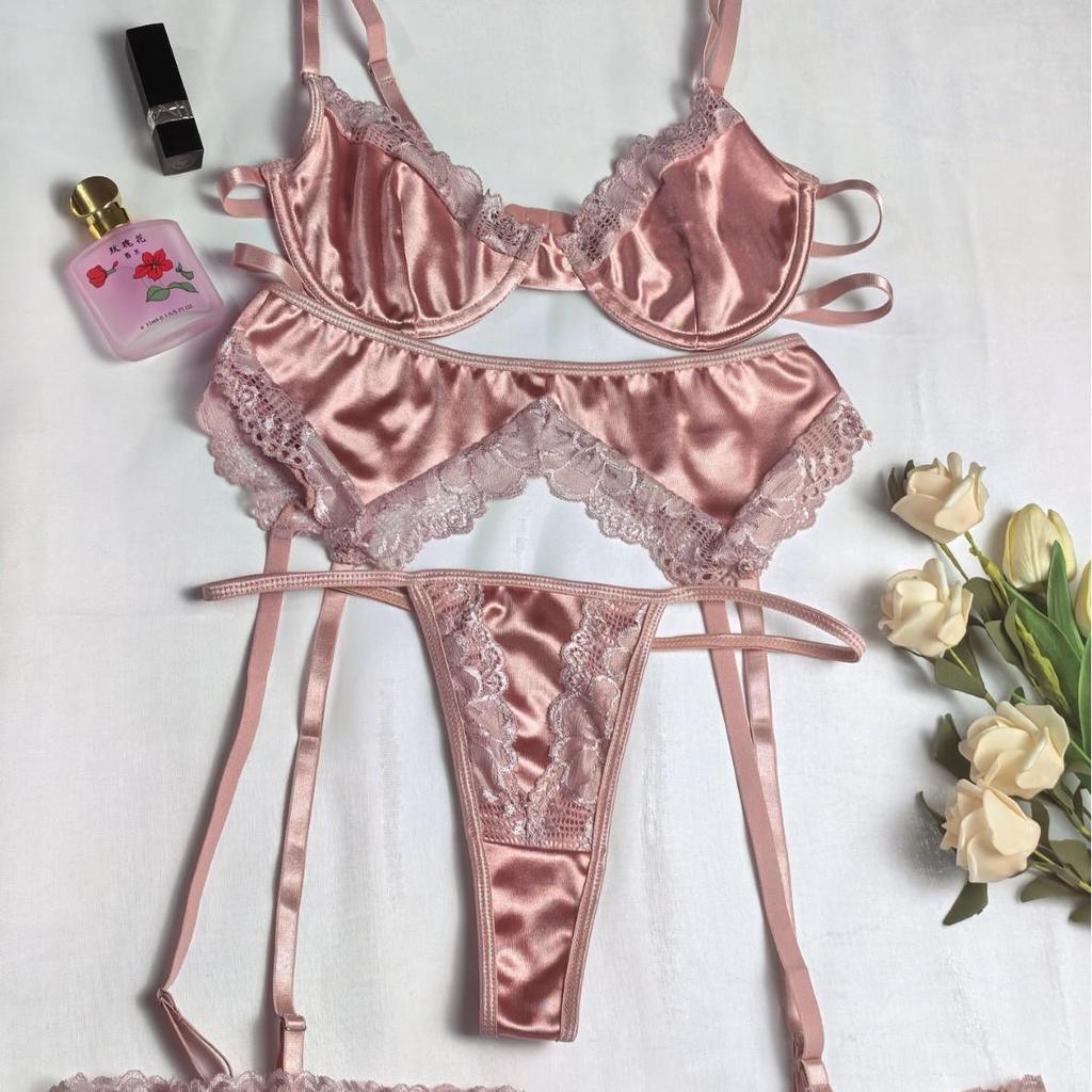 European & American Lace Three-Piece Set: Sexy Gathered Underwear with Thong and Straps for Women