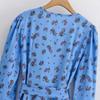 Spring-Summer V-Neck Floral Blue Dress for Women - Long Sleeve, Belted, Slim Fit