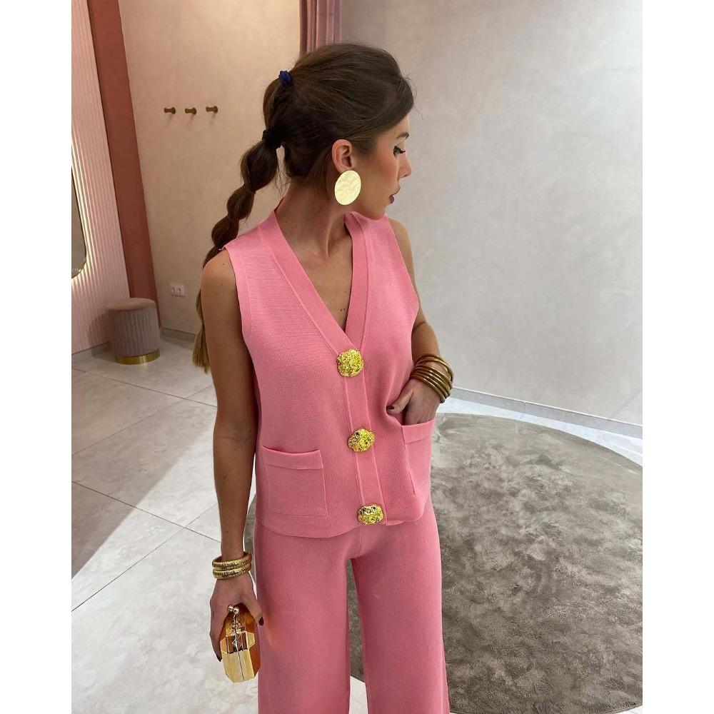 Gold Button V-neck Knitted Vest Casual Loose Trousers Knitted Two-piece Women's Suit
