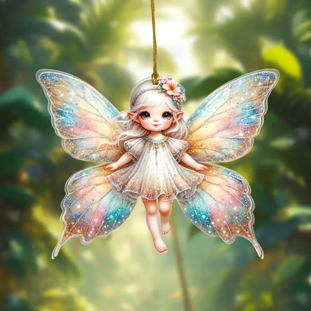 

2D Acrylic Green Elf Pendant Flower Fairy Charms Small Fresh Car Pendant Cartoon Cute Elf Car Rearview Mirror Decoration Pendant