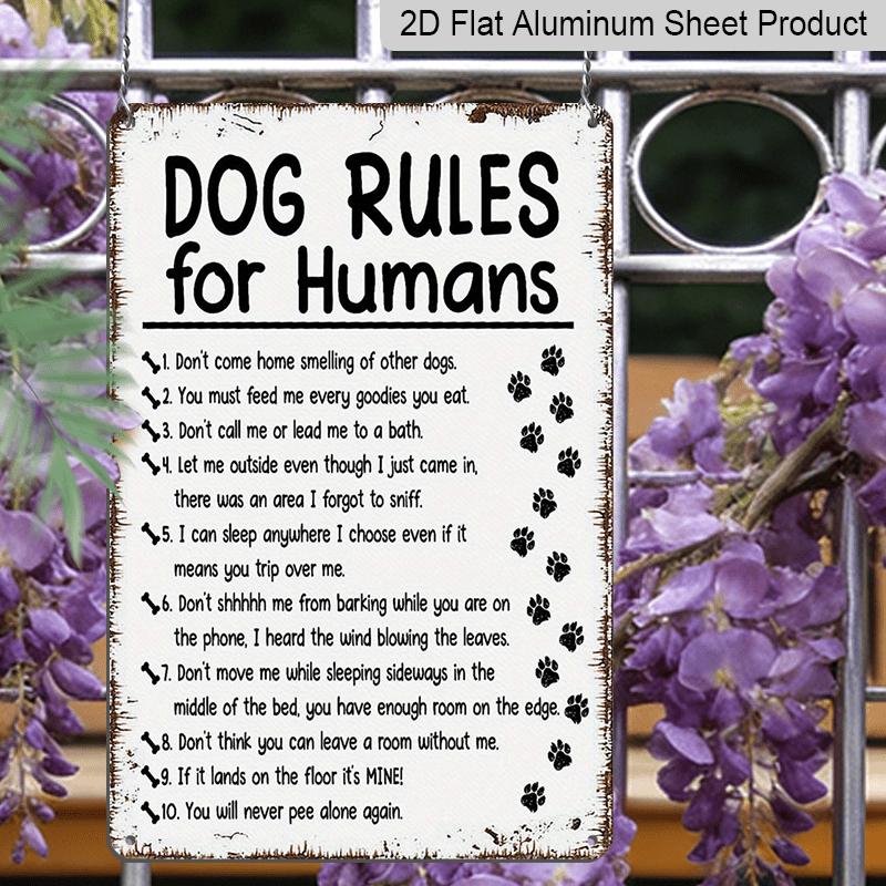 2D Flat, Funny Dog Rules Metal Sign - Waterproof Bathroom Decor with Paw Prints - Vintage Black Pet Owner Gift for Living Room, Office, for Man Cave